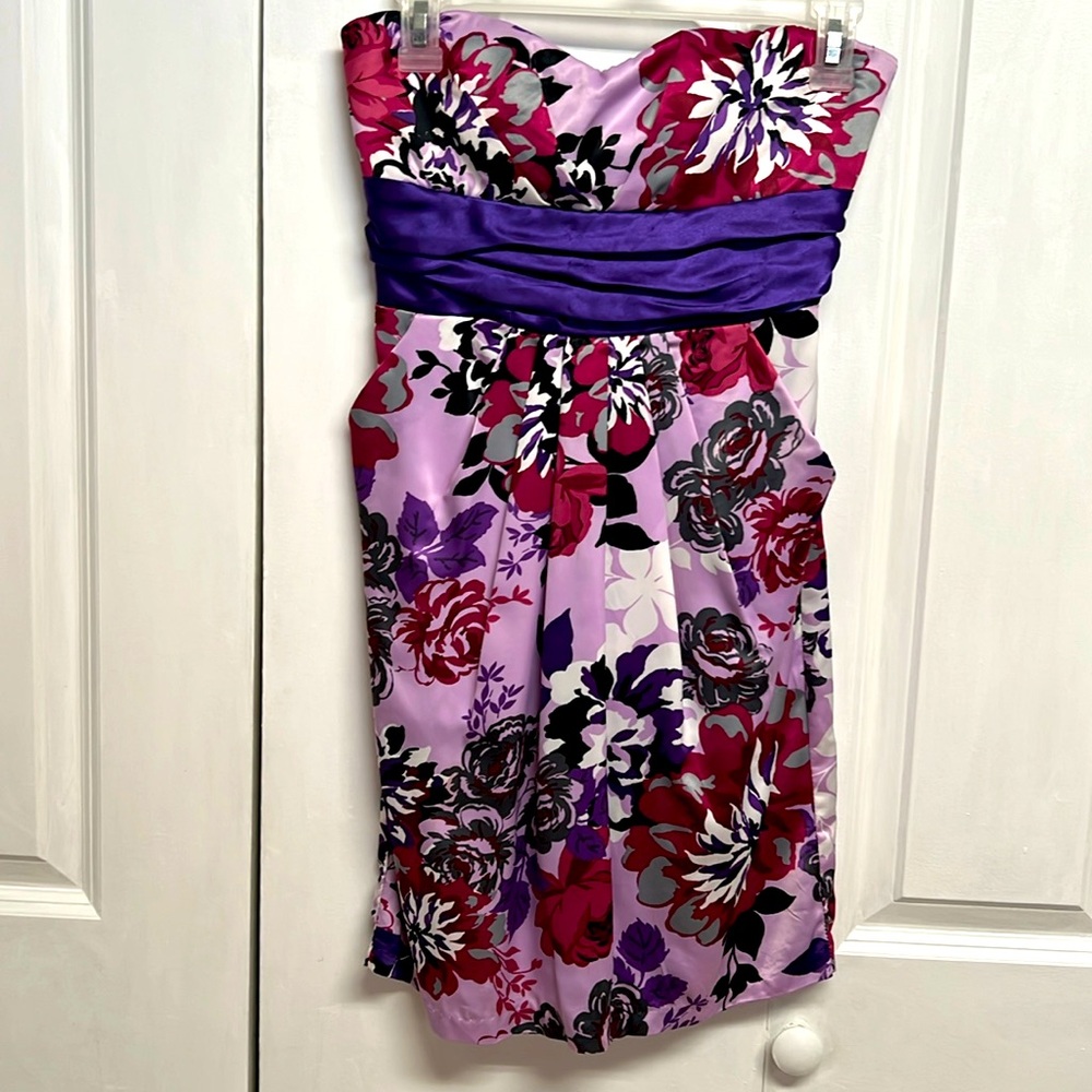 Grass Collection Bright Floral Print Bare Shoulder Sash Tie Back Mini Dress Jr 5